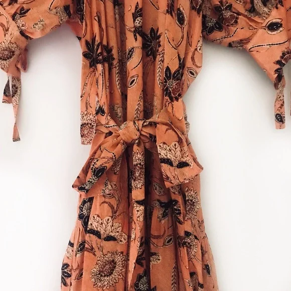 ULLA JOHNSON Primrose Puff Sleeve Tiered Midi Dress Salmon Floral - Picture 4 of 13